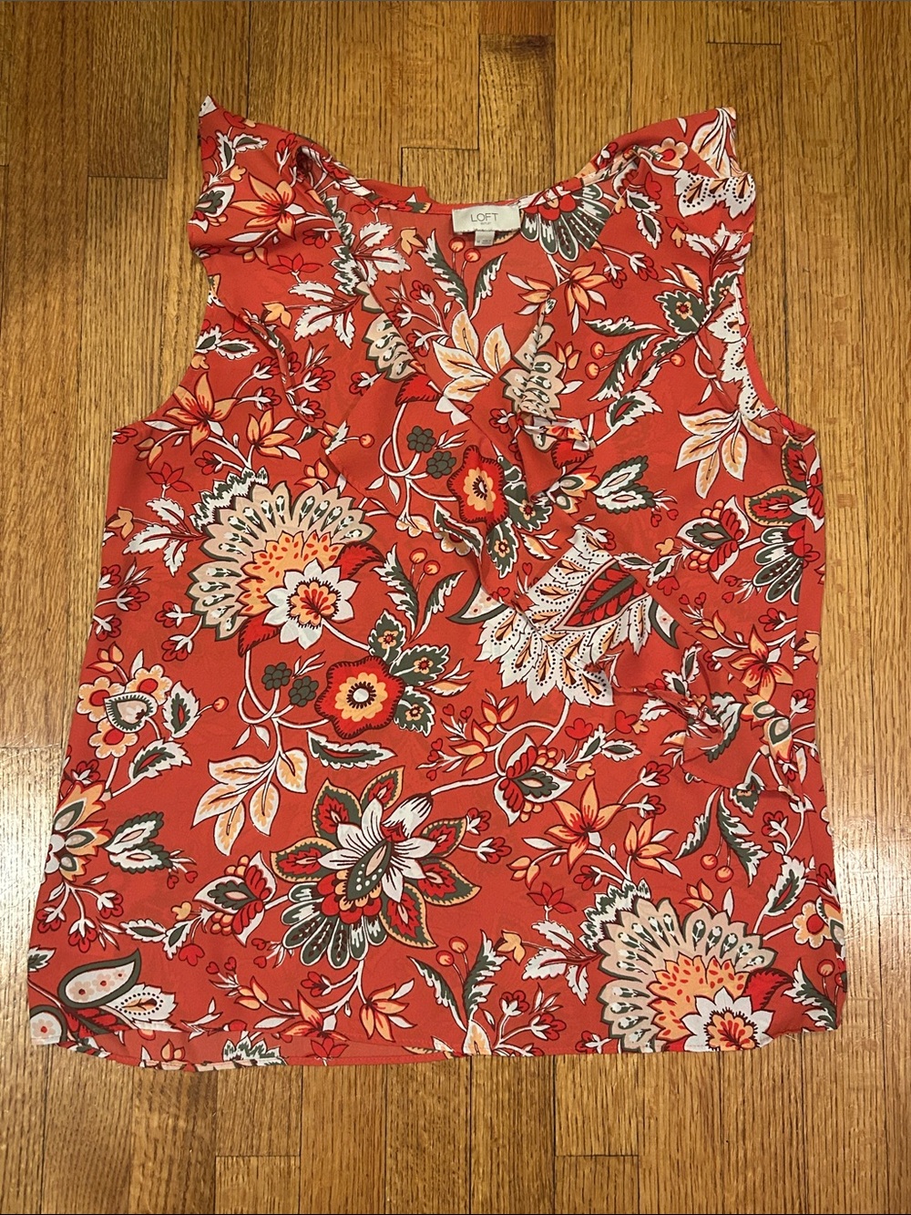 LOFT Coral Floral Ruffle Cap-Sleeve Shell Size Medium
